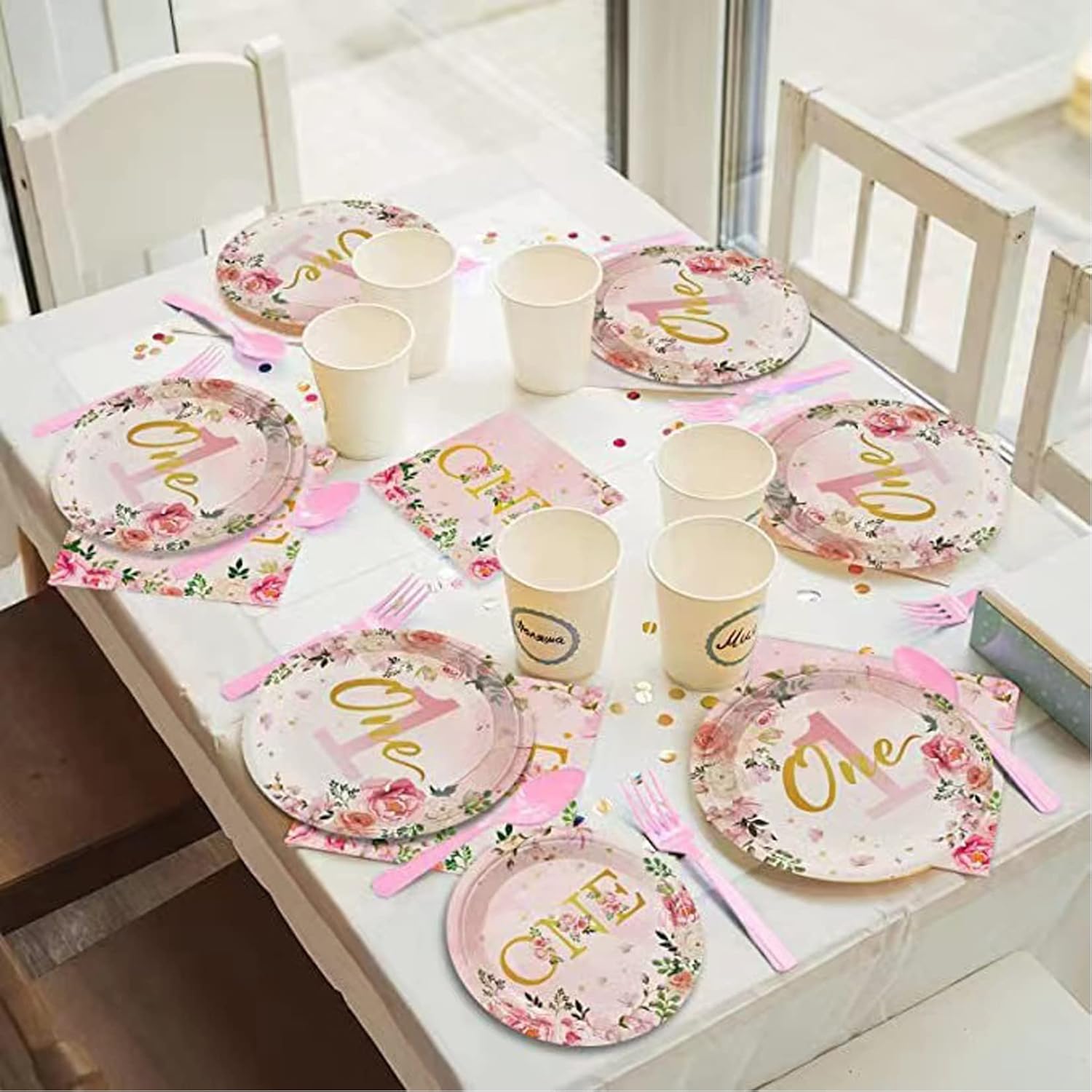 96PCS 1st Birthday Party Supplies Tableware Kit for 24 Guests pink Birthday Party Decorations Theme Party Table Supplies Pack Includes Plates ,Napkins, plastic forks - Image 5