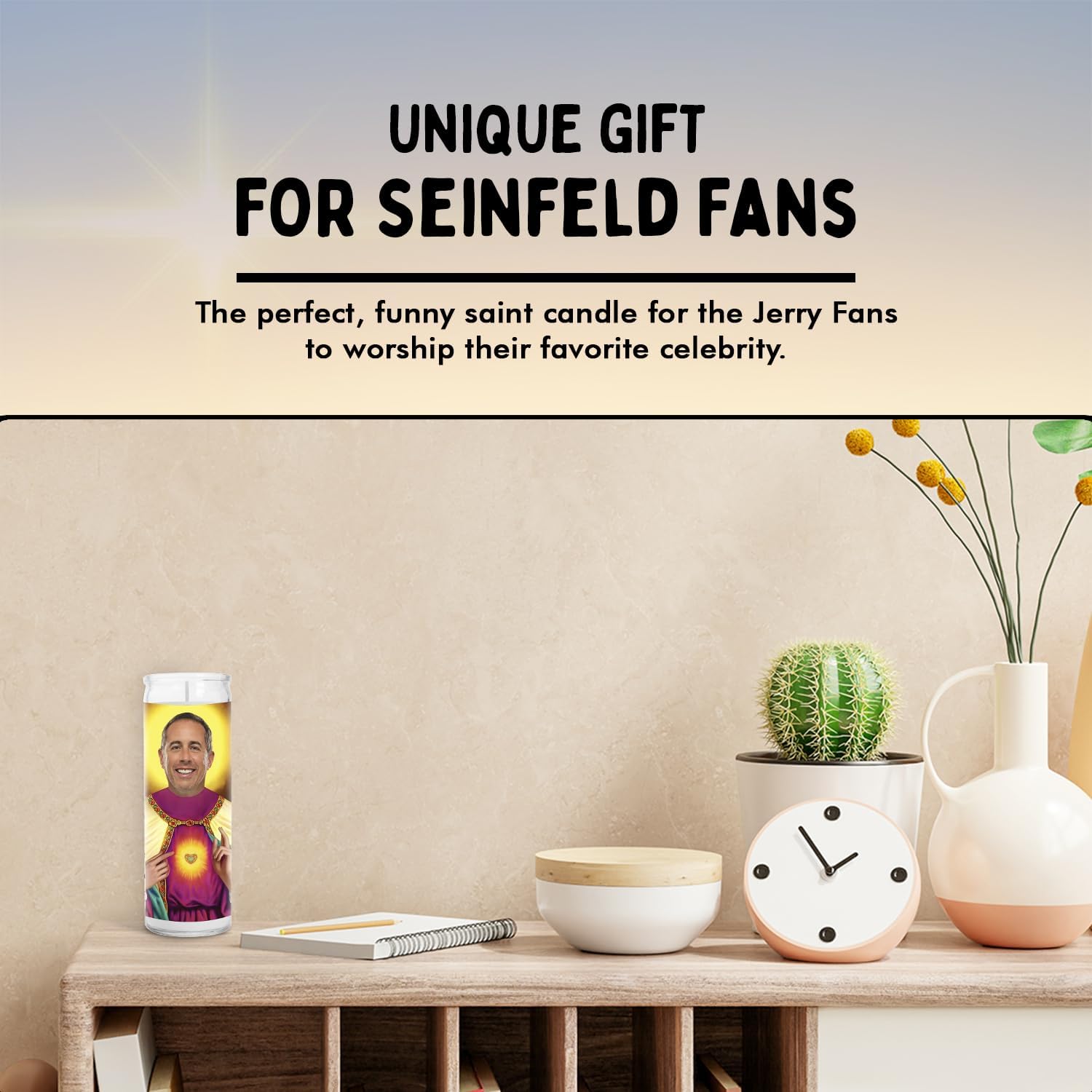 Jerry Celebrity Glass Jar Candle – Unscented Handmade Soy Wax Votive Candle – Unique Gift for Seinfeld Fans – Home Decor Collectible for Living Room & Office – 8 Inch