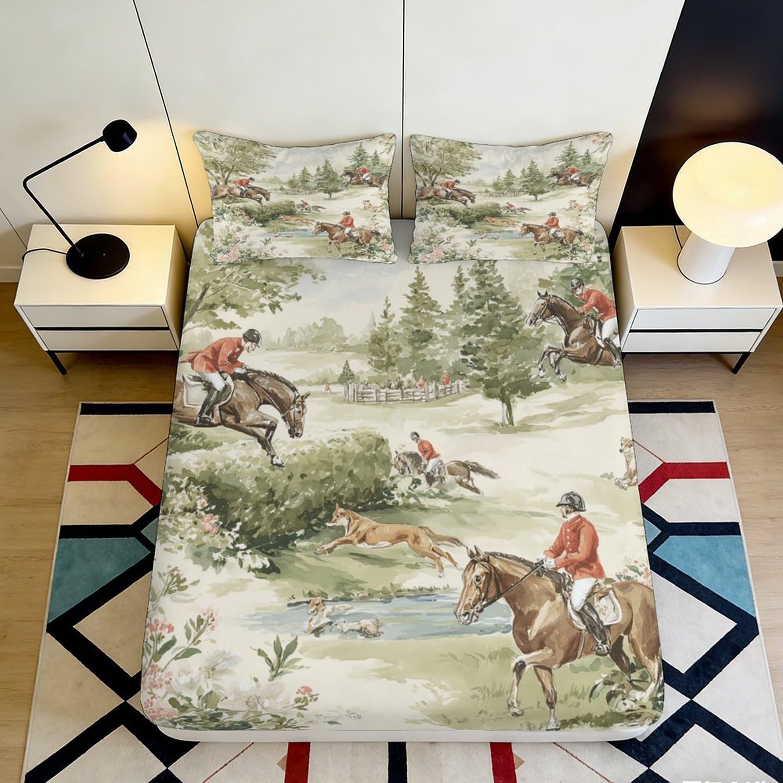 3D Printed Equestrian Horse Scene Fitted Sheet Microfiber Decorative Hunting Landscape Mattress Cover for Bedroom Guest Room Dorm Decor, Easy Care, Anti-Slip, 120x200cm 160x200x25cm