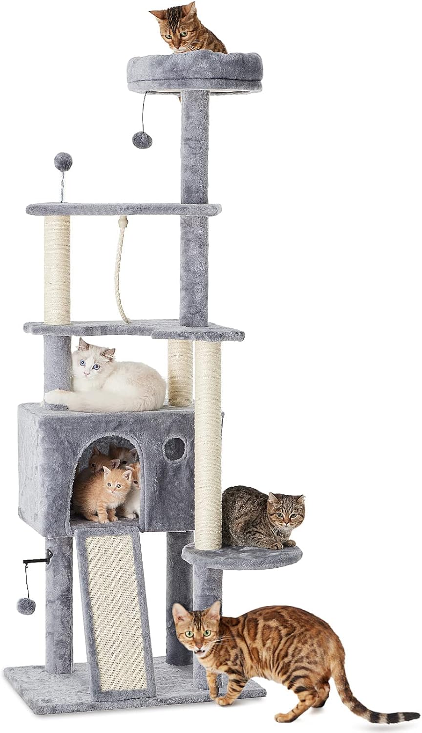 TSCOMON 64in Large Cat Tree Cat Tower for Indoor Cats, Multi-Level Cat Furniture Condo Cat Caves Cat House with Hang Ball Toys and Cat Sisal Scratching Posts for Kittens Pet House Play, Grey, CT04 64" Grey