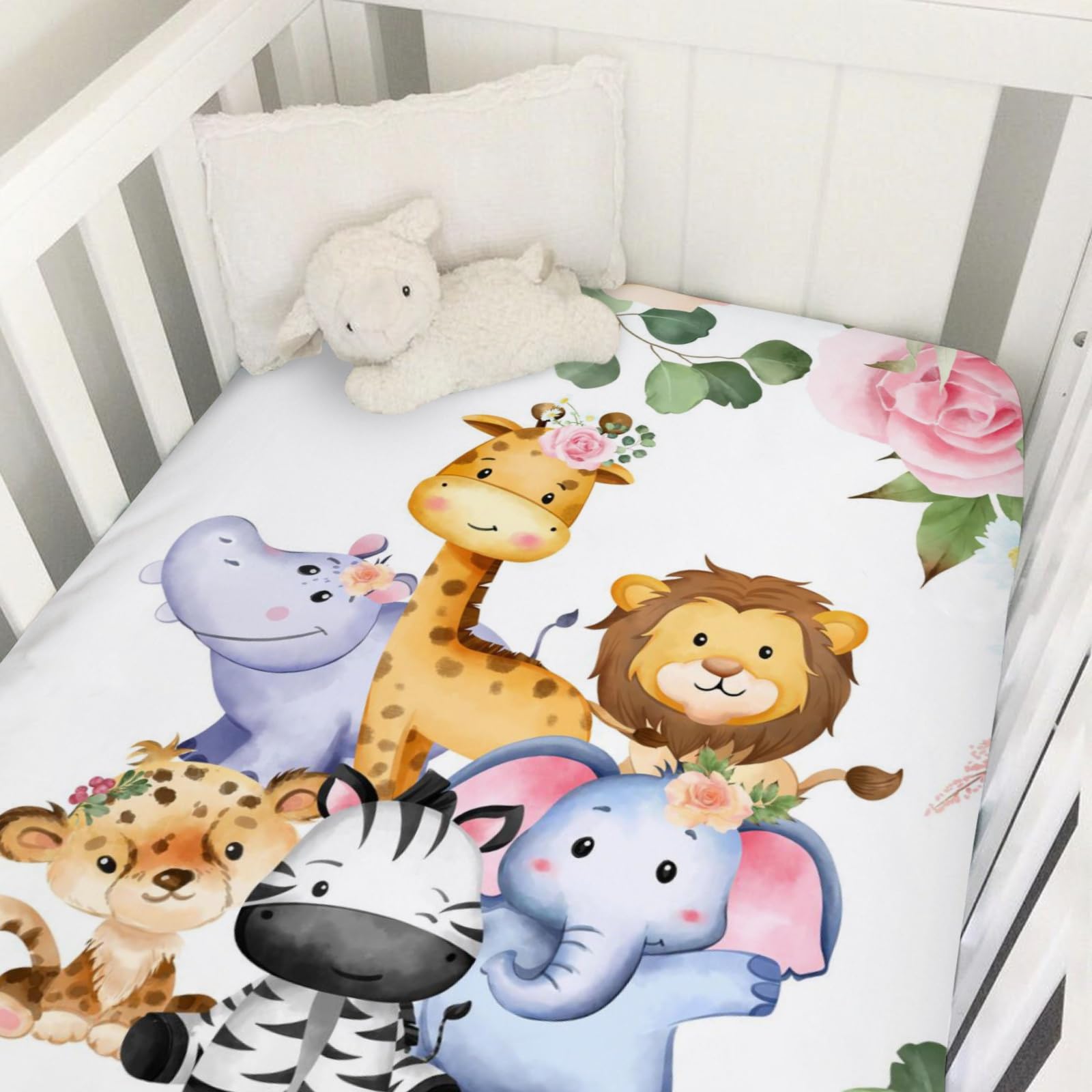 Cute Jungle Safari Animals Tropical Leaves Flowers Baby Crib Sheets 52''x28'' Lion Leopard Elephant Fitted Mattress Cover for Boy Girl Nursery Bed Sheets for Standard Toddler Mattress