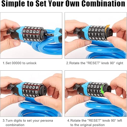 Miniatura 4 de Cable de bloqueo de bicicleta, bloqueo de cable de bicicleta de alta seguridad de 5 dígitos reiniciable, bloqueo de cable de bicicleta para