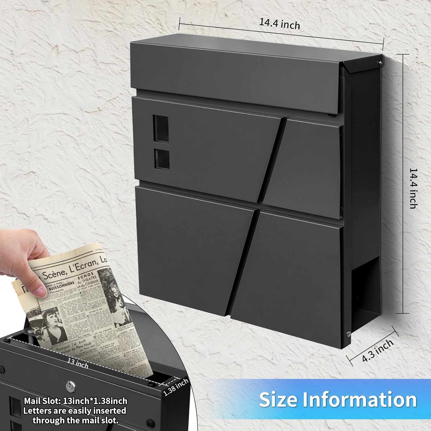 Wall Mount Mailboxes, Modern Drop Mailbox for Outside, Locking Security Key Drop Mail Box, Large Capacity Galvanized Steel Post Box with Newspaper Holder