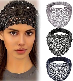 3PCS Set Boho-chic Crystal & Pearl Embellished Wide Headbands for Women,Luxury Fashion Hair Accessories Ideal for Weddings,Elastic Floral Lace Headband,Vacations & Daily Styling(3pcs-A)