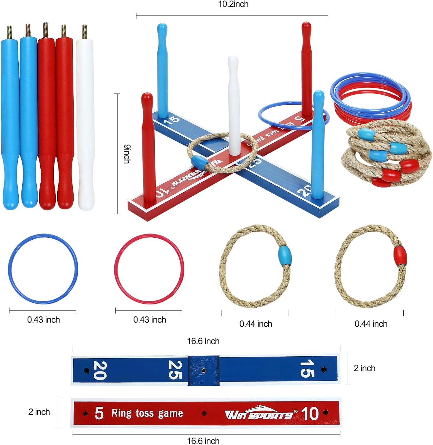 Win SPORTS Wooden Throwing Ring Toss Game Set,Fun Indoor Outdoor Carnival Games Set for Kids & Adults, Includes 16 Rings (8 Rope Rings, 8 Plastic Rings)