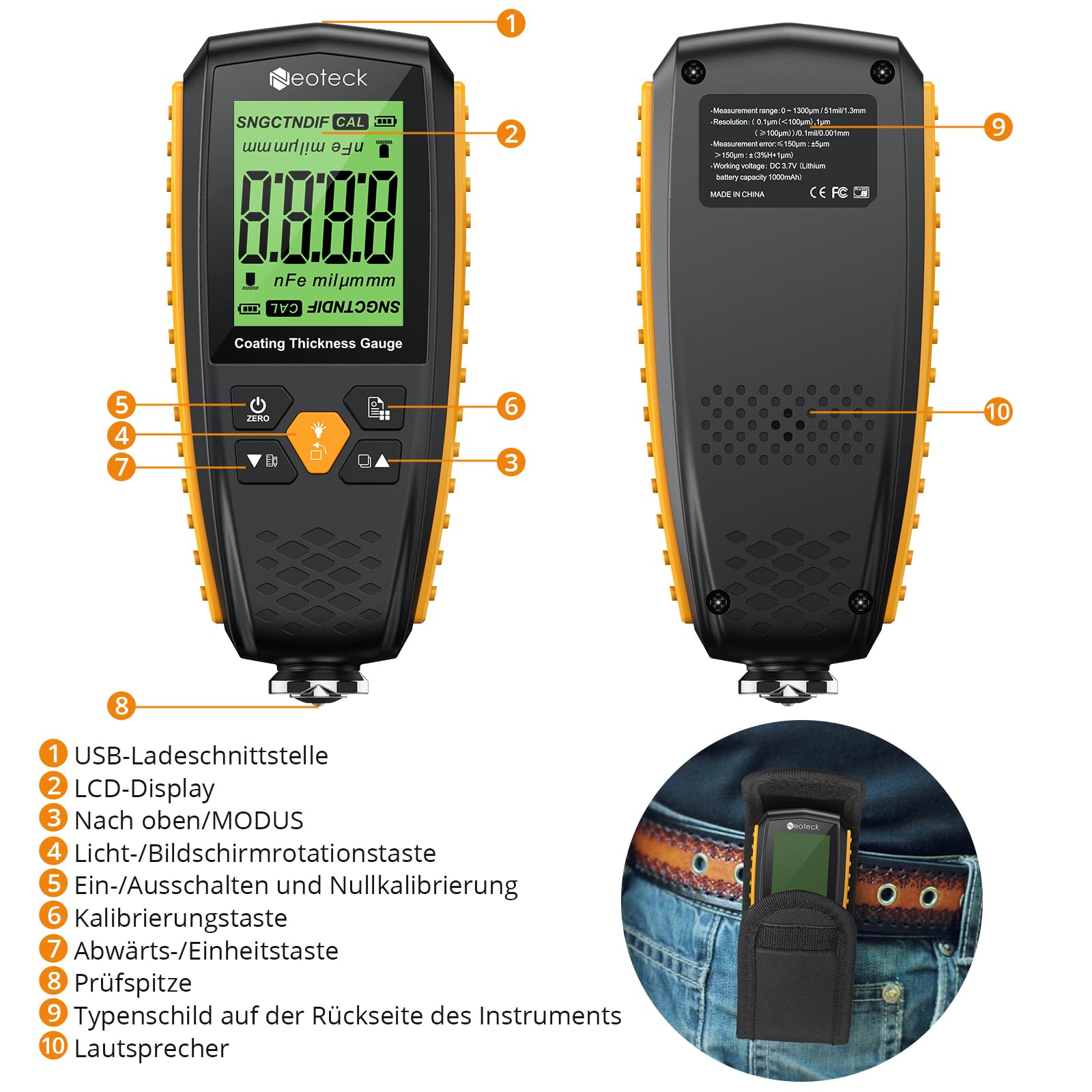 Neoteck Lackdickenmessgerät Wiederaufladbar Schichtdickenmessgerät Automatische Erkennung mit Leserotation, DREI Messmodi, 0-1300μm