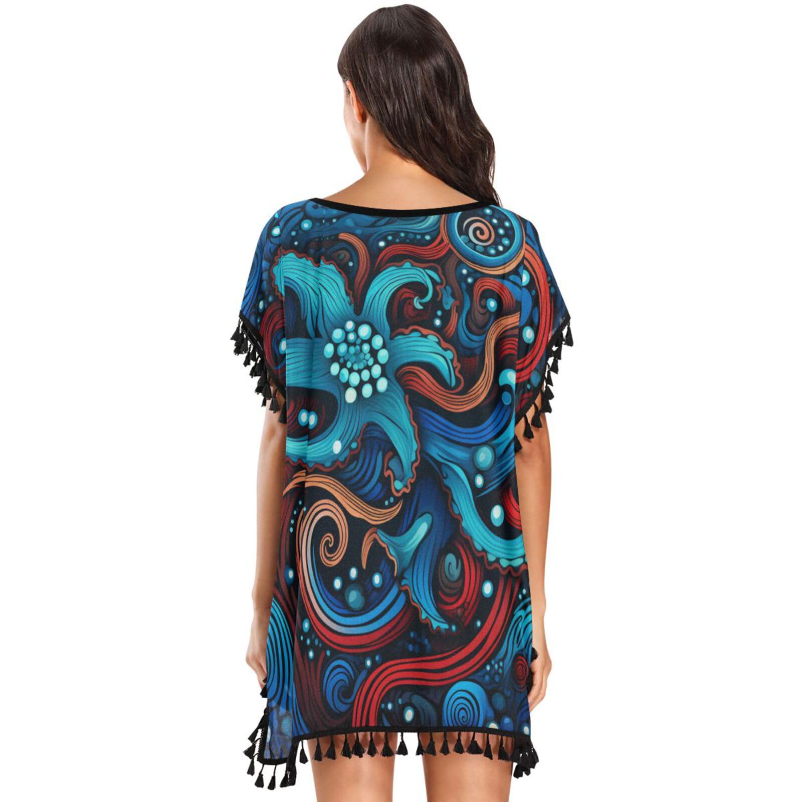 KAAVIYO Dark Octopus Abstract Blue Women's Beach Cover Up Chiffon Tassel Swimwear Swimsuit Coverups for Girl