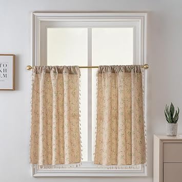 ENJOYBRIDAL Floral Kitchen Curtains Semi Sheer Boho Cafe Curtains 30 Inch Length 2 Panels Farmhouse Small Short Vintage Rod Pocket Drapes Patterned Country Rustic Window Treatment Tiers