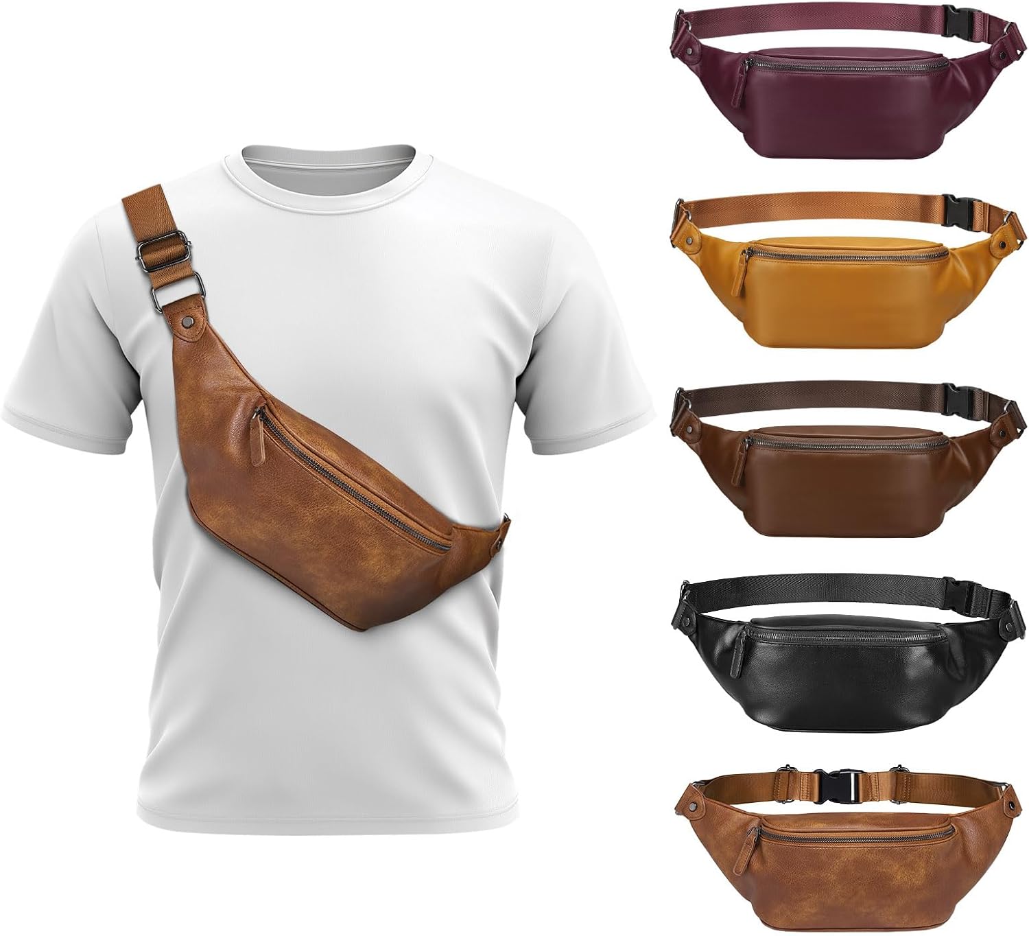 Soft Faux Leather Fanny Pack for Women & Men, Crossbody Waist Pack with Adjustable Strap, Large Pocket, Sturdy Zippers, for Hiking, Textured Brown