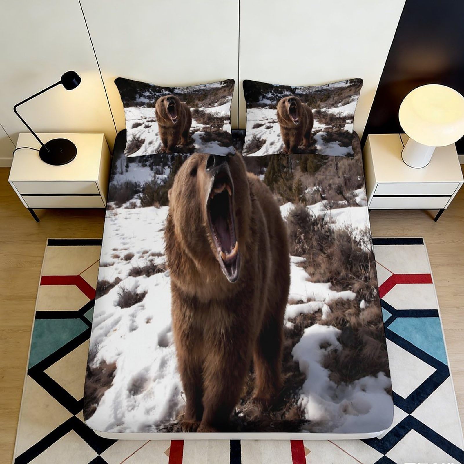 3D Printed Brown Bear Snowy Mountain Fitted Sheet Microfiber Soft Bed Cover for Bedroom Dorm Mattress Protection Decor 90x200x25cm