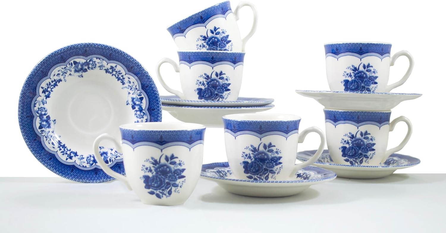 Tudor Royal 12-Piece Porcelain Cup and Saucer Set, for 4, Victoria Blue Dinnerset Floral, Premium Quality Tableware, Unique Pattern, Glossy
