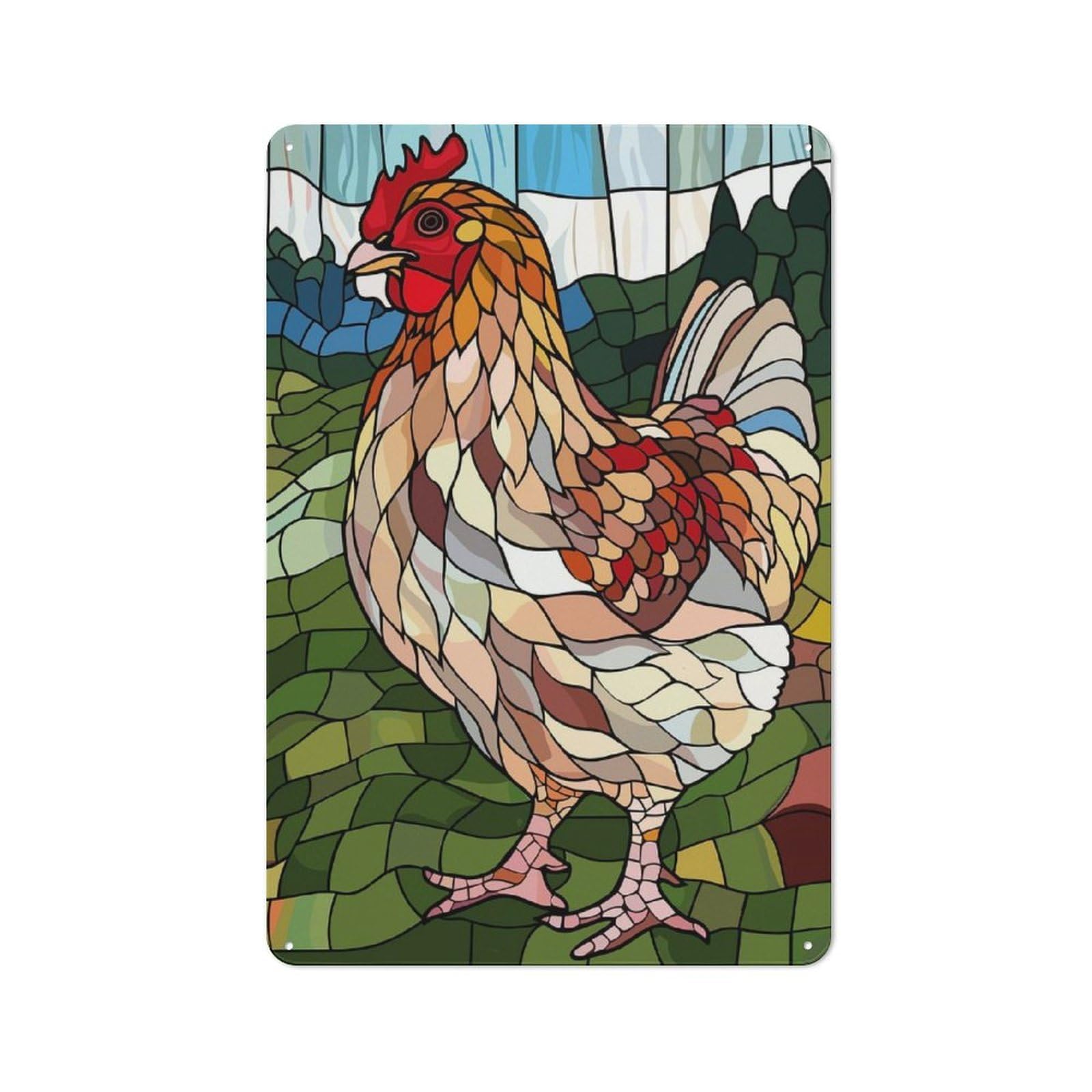 Junmoney Style-9 30X20cm Retro Metal Sign With Stained Glass Chicken In A Field For Living Room Or Hallway, For Living Room Decor Lovers Refreshing A Room In Autumn