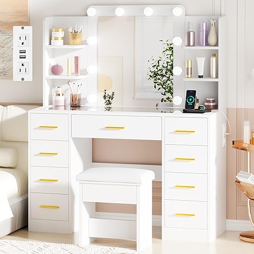 BEWISHOME Makeup Vanity Desk with Mirror and Lights White Vanity Table with Glass Top Power Outlet Stool,Makeup Desk with 9 Drawers and 4 Storage Shelves,Dressing Table for Bedroom Women FST39W