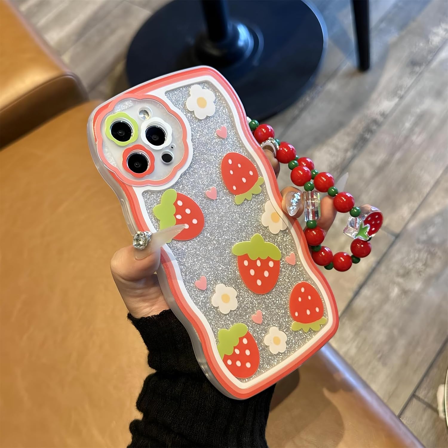 Compatible with iPhone 12 Pro Max Case, Strawberry Pattern Wavy TPU Soft Case[with Beads Wrist Strap Bracelet Chain and Glitter Cardstock] for Women and Cute Girly-Red White Green