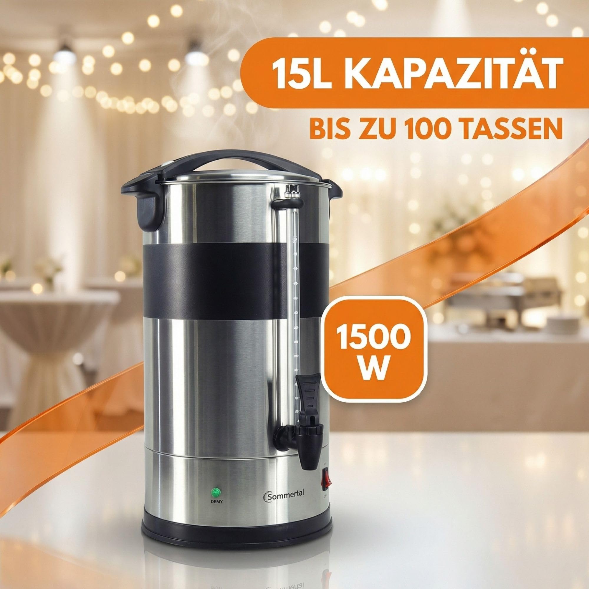 Sommertal Gastro Kaffeemaschine 15L / 100 Tassen | Filterkaffeemaschine groß mit Warmhaltefunktion & Wasserstandsanzeige | Kaffeeurne mit Beschriftungsfeld für Büro, Catering & Events | Kaffeekocher