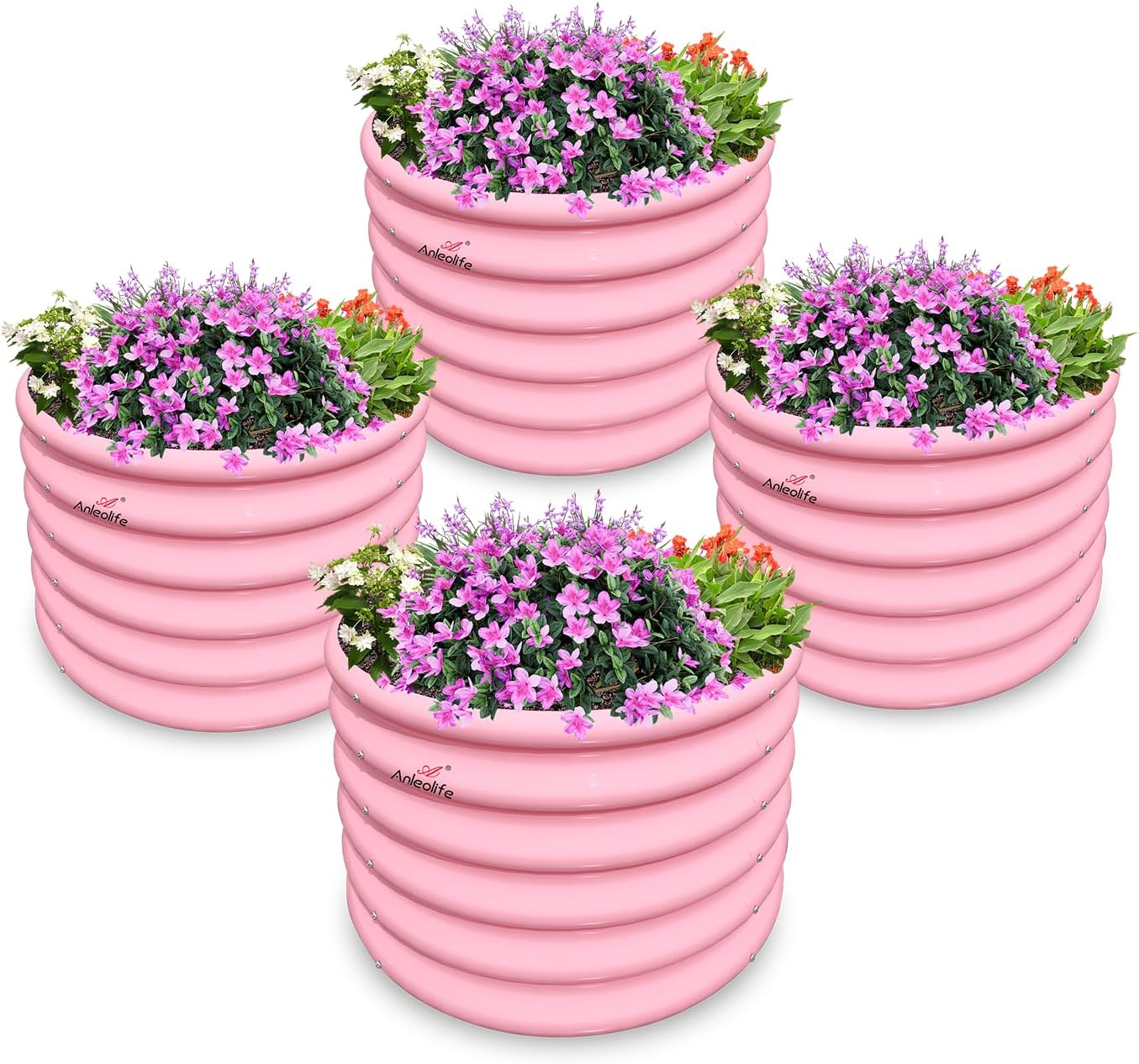 A ANLEOLIFE Kids Mini Raised Garden Beds Outdoor (4-Pack)-24x24x18in Round Galvanized Metal Planter Box for Planting Vegetables, Flowers, Fruits, Eco-Safe & Easy Setup, Sunlit Gold
