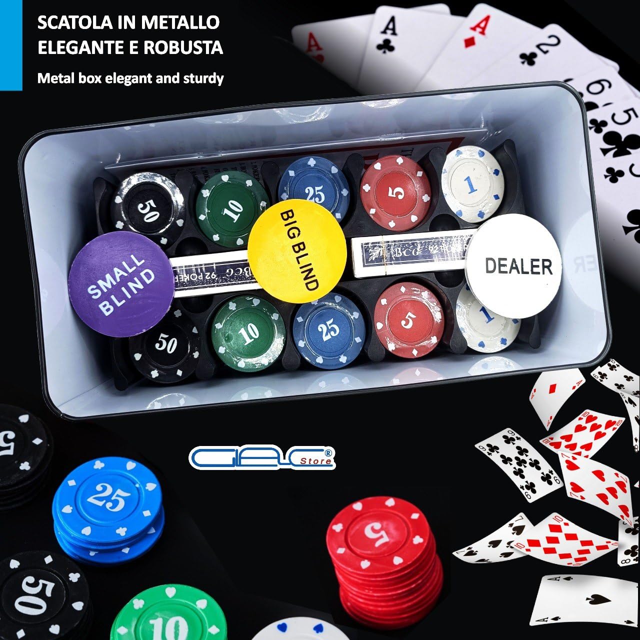 Set da Poker con Scatola in Metallo, 200 Fiches Colorate, 2 Mazzi di Carte, Fiches Dealer, Panno Verde, Big Blind, Small Blind