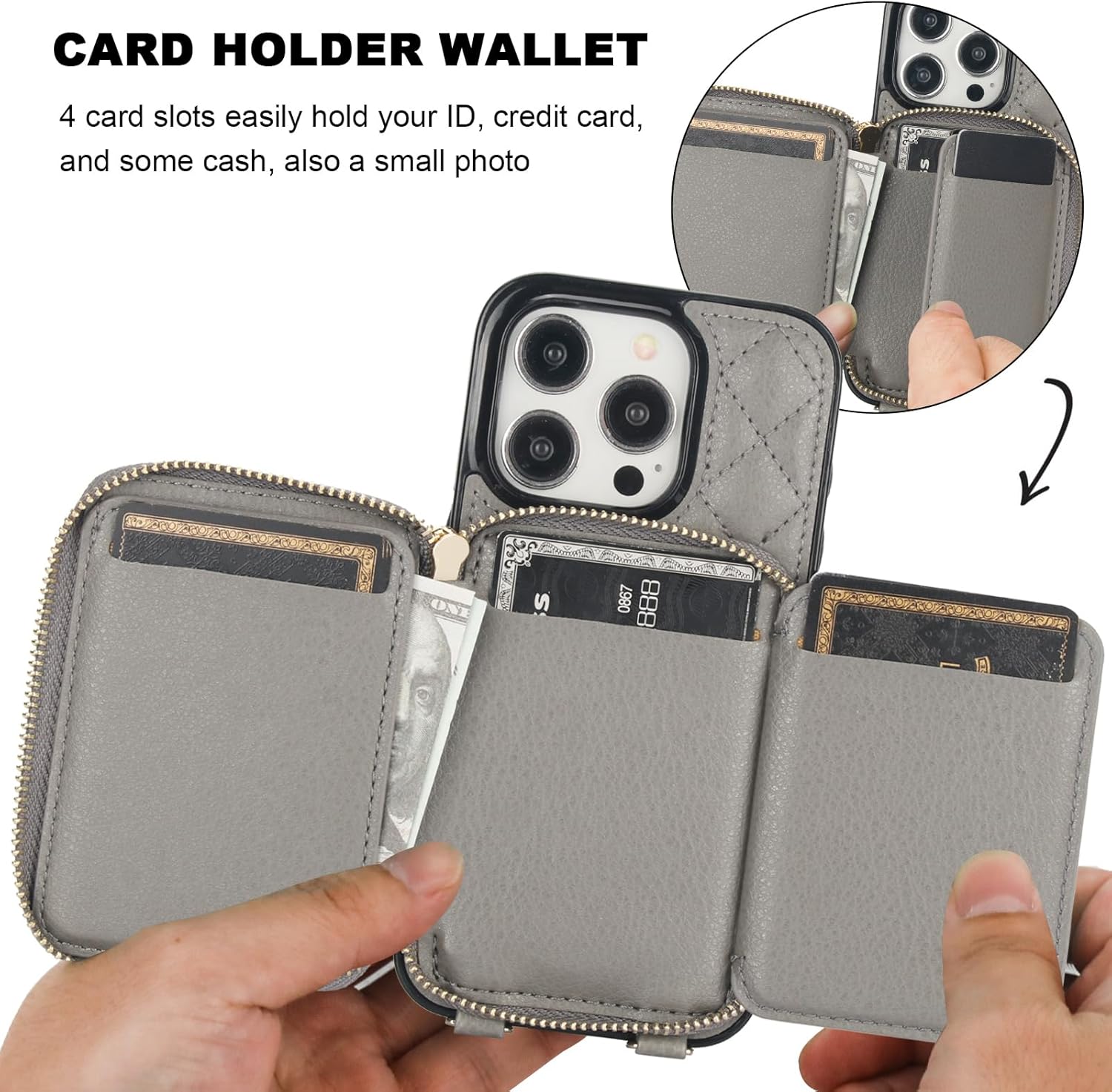 Bocasal Crossbody Wallet Case for iPhone 15 Pro, RFID Blocking PU Leather Zipper Handbag Purse Flip Cover, Kickstand Folio Case with Card Slots Holder Wrist Strap Lanyard 5G 6.1 Inch (Grey)