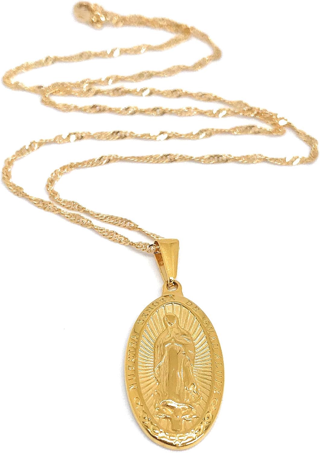 LESLIE BOULES 18K Gold Plated Guadalupe Medal Necklace 18 Inches Length Virgin Mary Jewelry