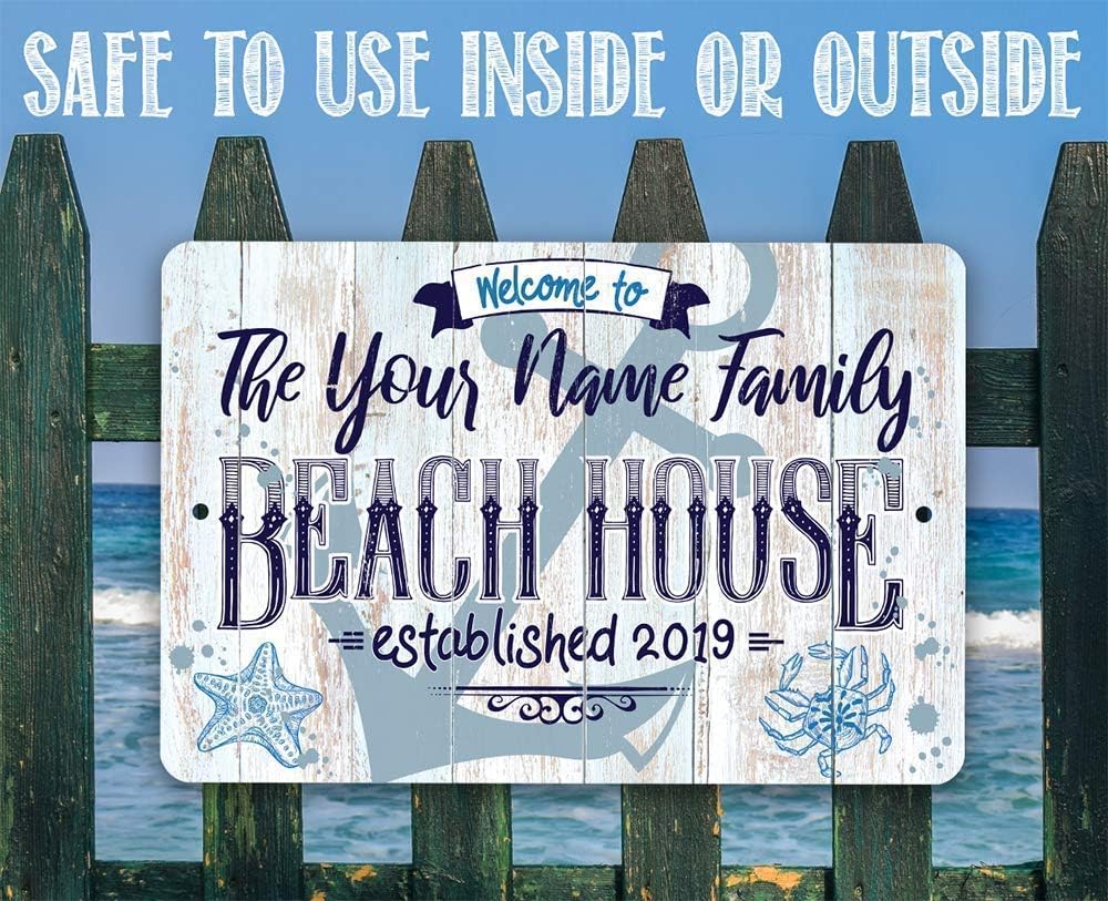 Personalized - Beach House - Great Coastal and Nautical Sign, Customized Beach House Welcome Signage, Sea Shell and Anchor Art Print, Rustic Wood Style Look 8x12 or 12x18 Durable Metal Sign