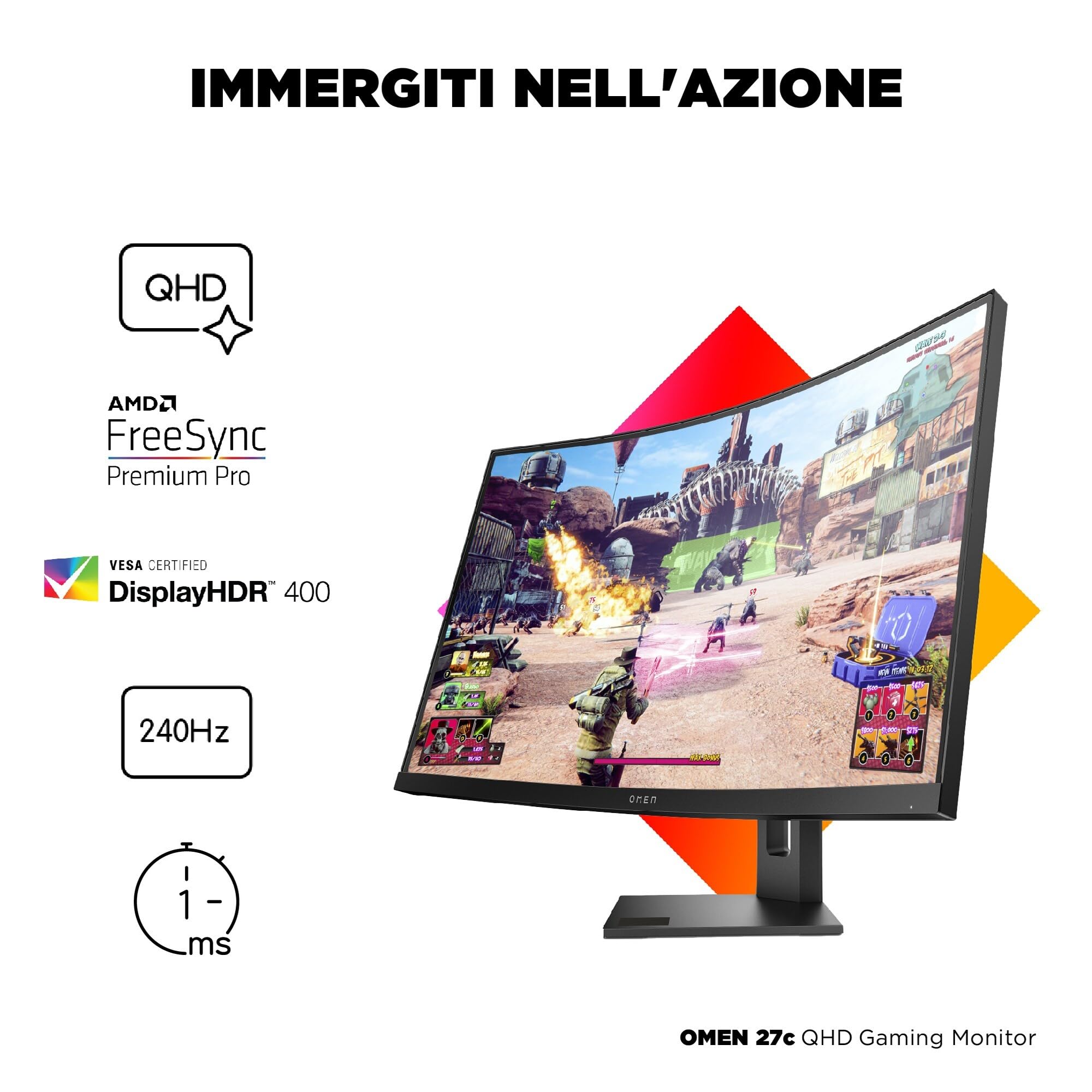 HP OMEN 27c Monitor Curvo da 27 pollici, Pannello VA 16:9 2K QHD 240Hz, 1 ms, DisplayHDR 400, Antiriflesso, 400 nits, AMD FreeSync, VESA, USB-A, Nero