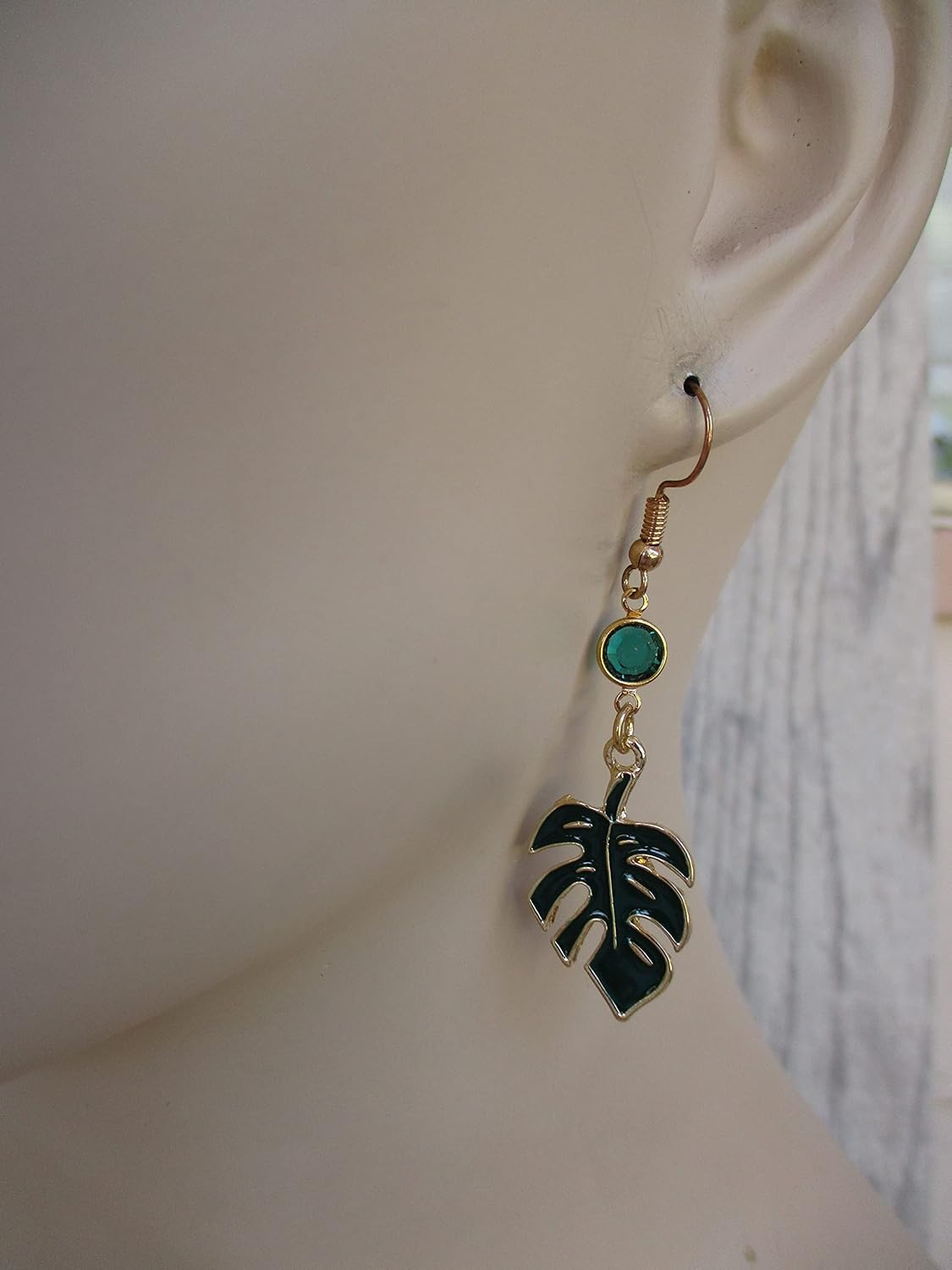 Philodendron Birthstone Earrings, Enamel Green Leaf Jewelry, Gold Tone Tropical Plant Charms, Personalized Monstera Earrings