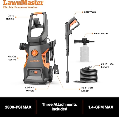 Miniatura 7 de LawnMaster Lavadora a presión eléctrica LT506-2000A 13 Amp 1.4 GPM 2300 Max PSI CSA certificada con botella de detergente