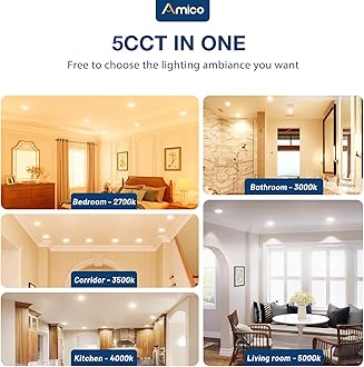 Amico 24 Pack 3 Inch 5CCT Ultra-Thin LED Recessed Ceiling Light with Junction Box, 2700K/3000K/3500K/4000K/5000K Selectable, 7W Eqv 60W, Dimmable Canless Wafer Light, 500LM High Brightness, ETL&FCC