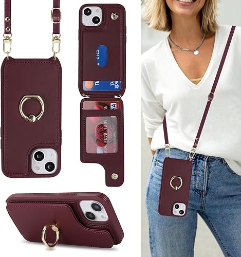 Funda para iPhone 13 Mini con tarjetero y correa para mujer, cordón cruzado, soporte de anillo con soporte, cierre a presión, bloqueo RFID, fundas