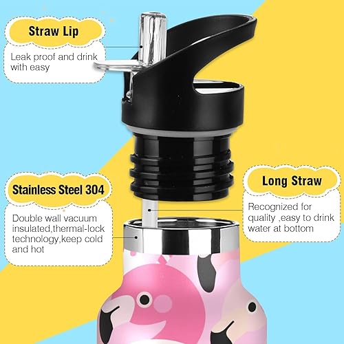Miniatura 3 de Cartoon Cute Flamingo Pink Lightweight Insulated Water Bottle with Leak Proof Spout Lid Double Wall Vacuum Insulated Bottles for Sports, Travel, and