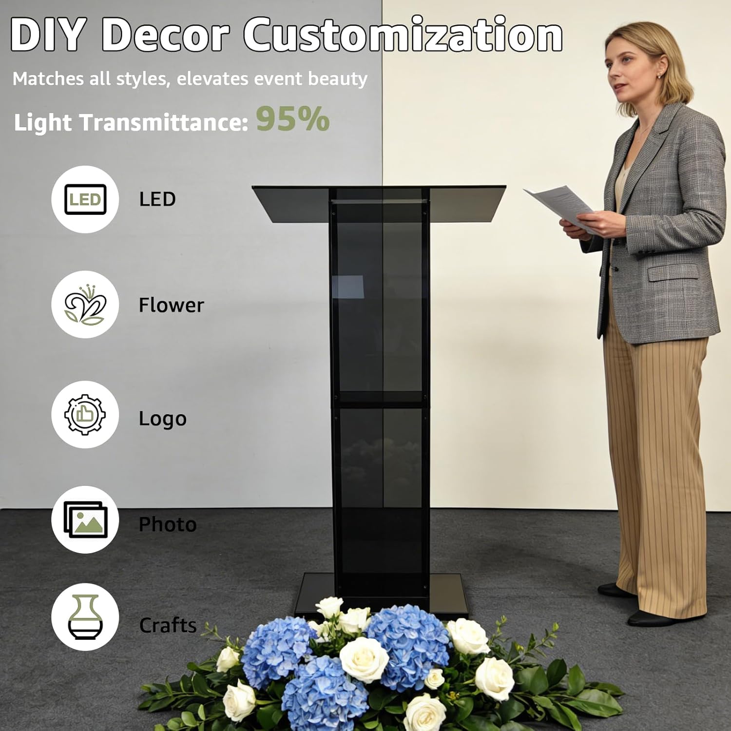 Acrylic Podium Stand, 47" Church Pulpit with Double Storage Shelves, 12mm Ultra-Thickened Clear Lectern for Teacher Classroom, Heavy Duty Portable Transparent Pulpitos para Iglesias