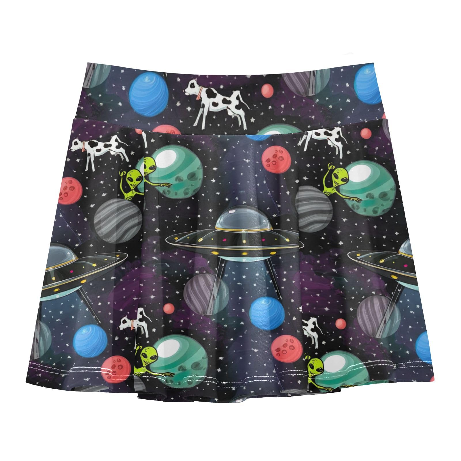 Athletic Skorts Girls' Tennis Dance Skirt with Shorts High Waisted Running Cheer Skirts Cartoon Alien Spaceship Cows Size 5-6