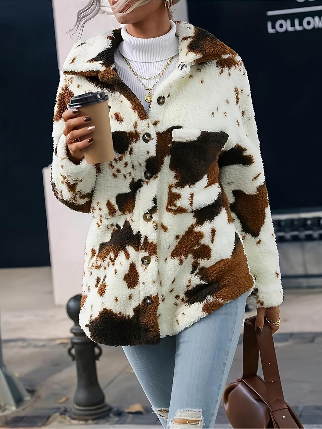 HBER Women's Casual Faux Fur Jacket Trendy Long Sleeve Button Up Cow Print Autumn Winter Loose Sherpa Fur Coats with Pockets - Image 3