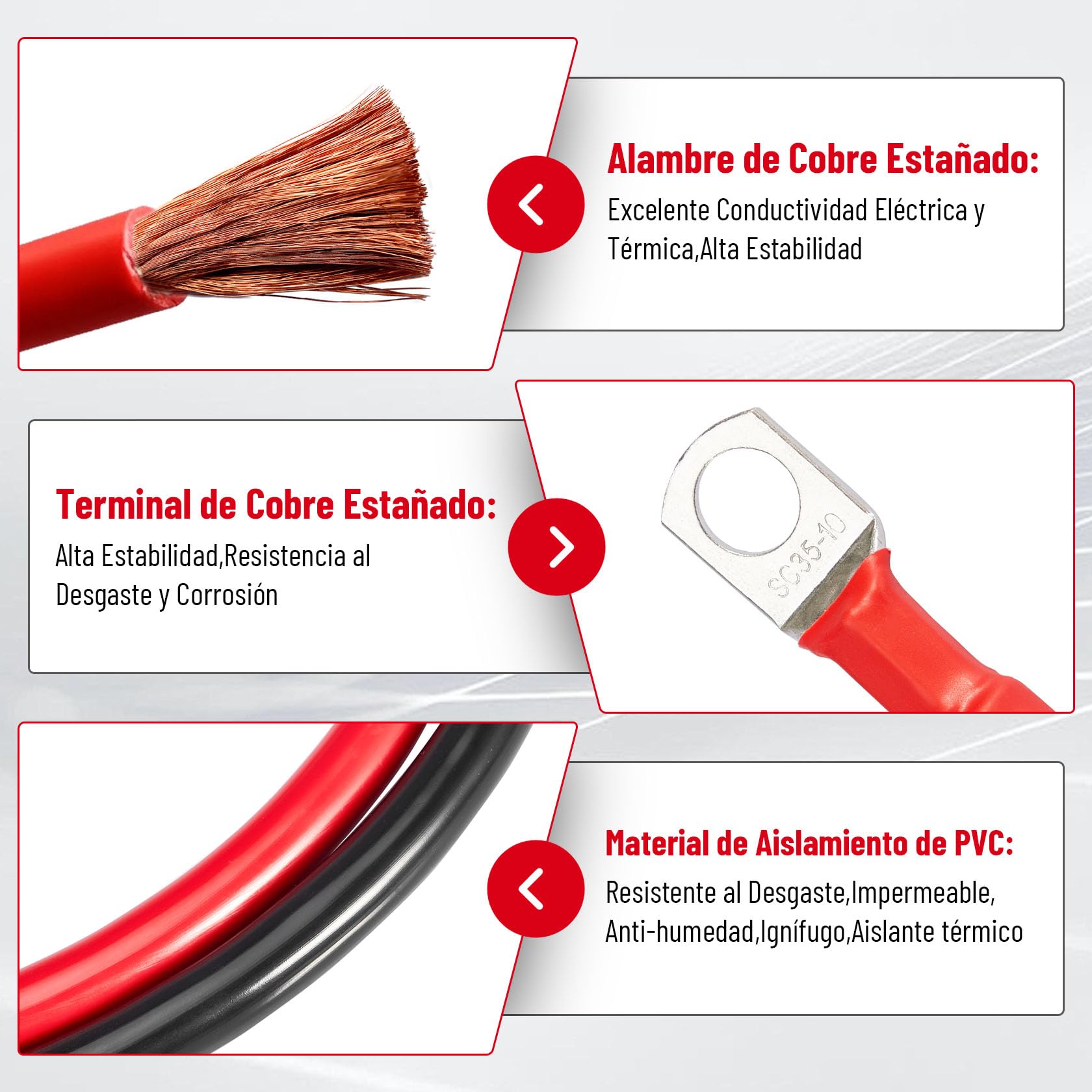 CarBole Cable de Batería 35mm²,2AWG,50cm,Cables Bateria,Hilos de Cobre Estañado y Terminales de Cobre Estañado con Excelente Conductividad Eléctrica para Automóvil,Camión, Moto,RV,Marino