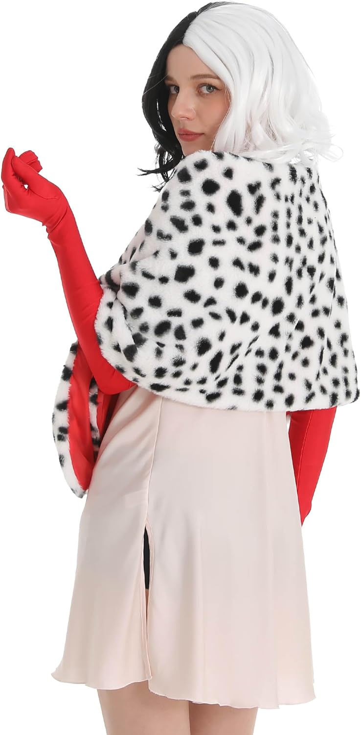 5 Pcs Dalmatian Costume Women Dalmatian Shawl Black and White Wig Pearl Necklace Red Gloves Halloween Costume Accessories Set - Image 4