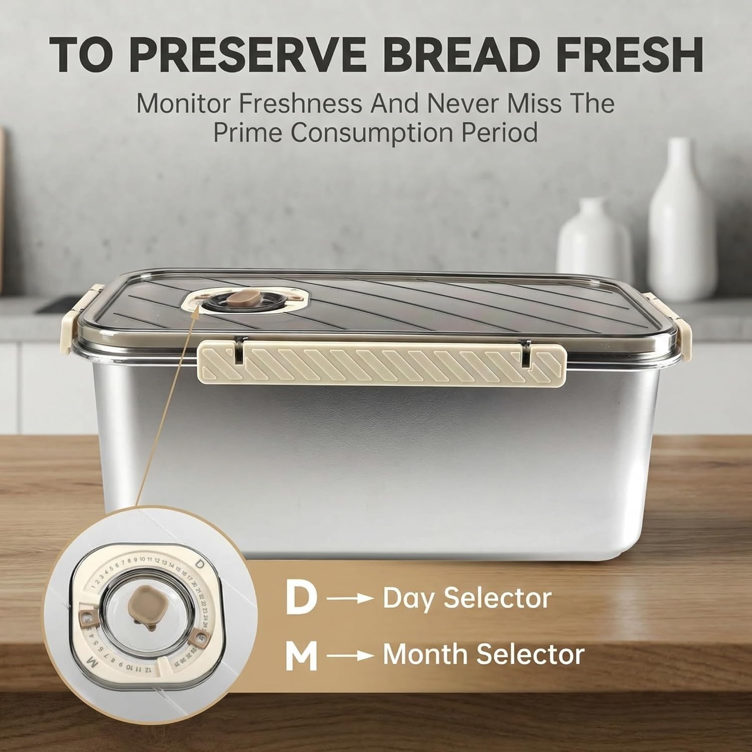 Time Recording Bread Storage Container with Lid, Kitchen Counter Bread Storage Container, Stainless Steel Bread Box for Homemade Bread, Vegetable, Cookies and Fruit (Silver)