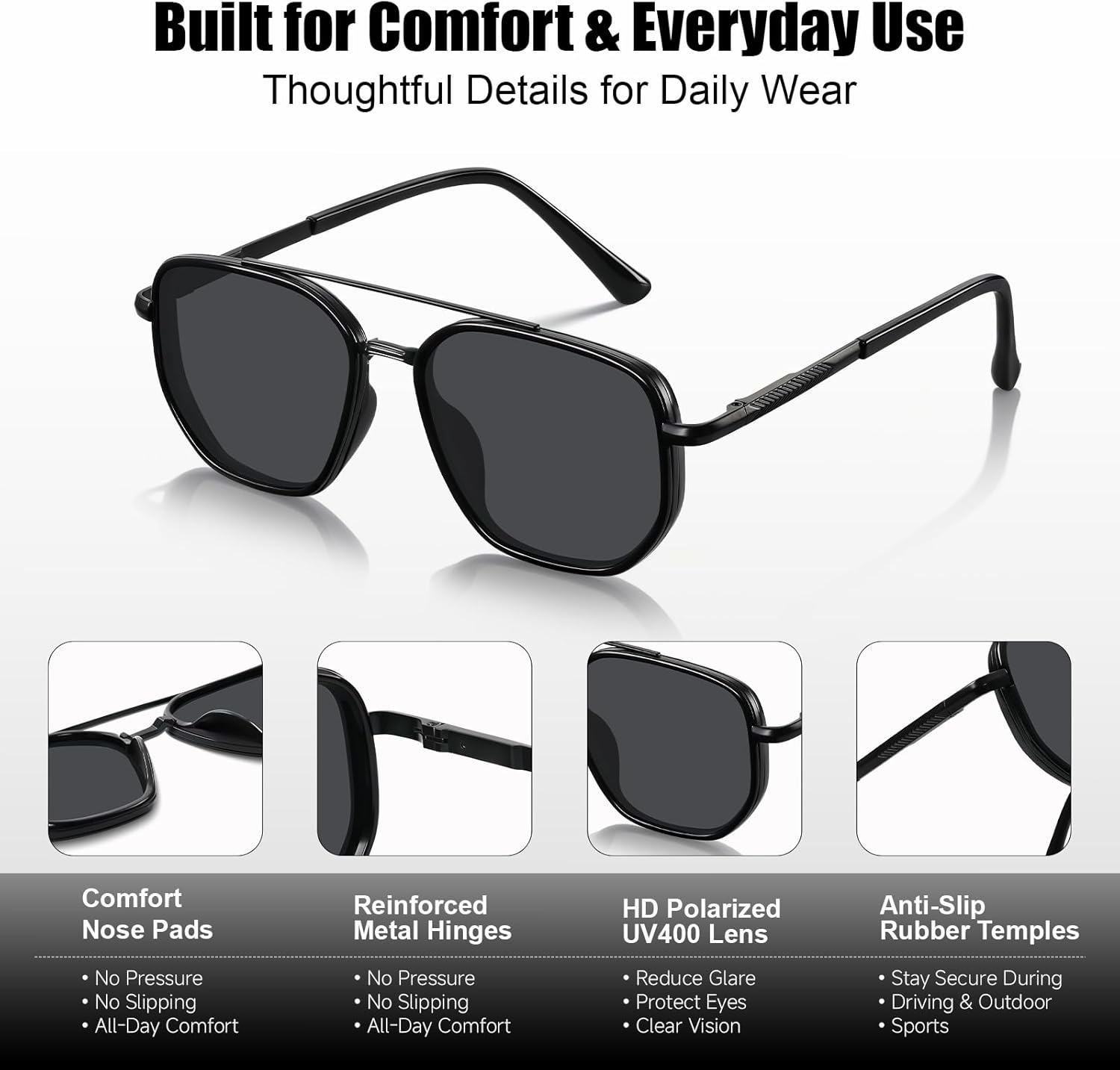 Polarized Aviator Sunglasses for Men, Square Metal Frame, TAC UV400 Anti-Glare Shades for Driving Golf Fishing Gloss Black Frame/Gloss Gunmetal Arms(black Tips)