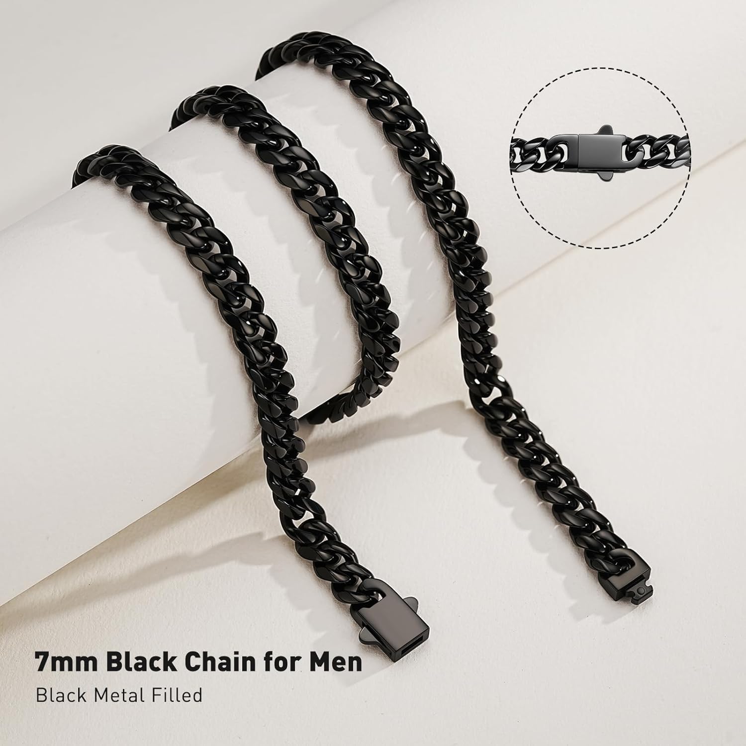 7MM Stainless Steel Mens Cuban Link Chain,Black Metal/925 Sterling Silver Plated Men Chain Necklaces Black/Silver Chain for Men Necklace - Image 3