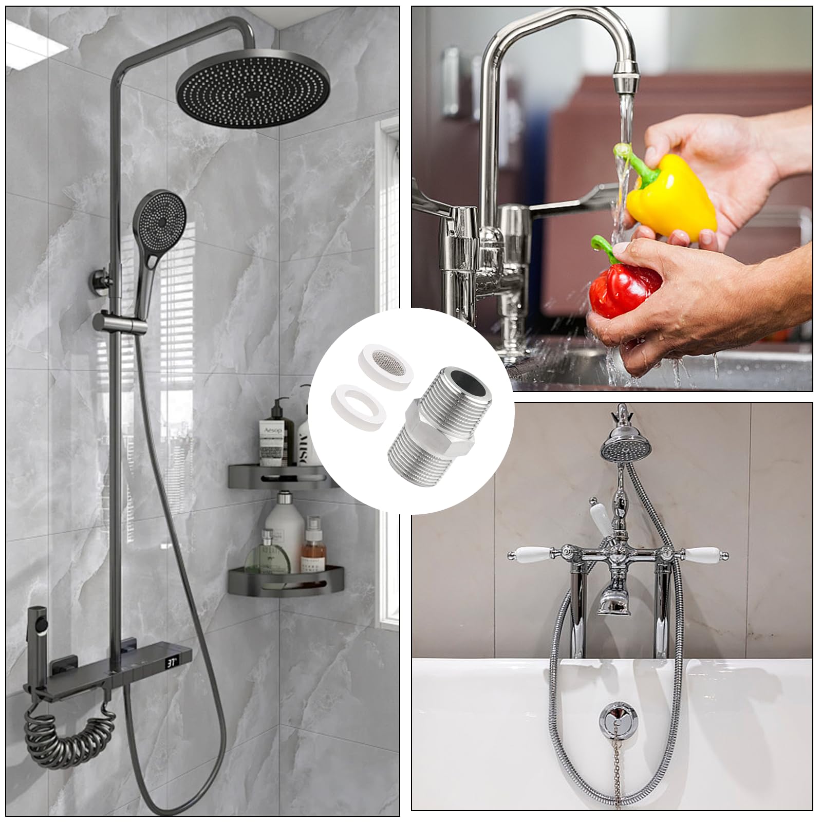 Adapter węża prysznicowego 1/2" ze stali nierdzewnej, podwójna złączka, przedłużka, złączka, złączka gwintowana, adapter z 1 szt. Bubbler, filtr napowietrzający, element 1 x uszczelka