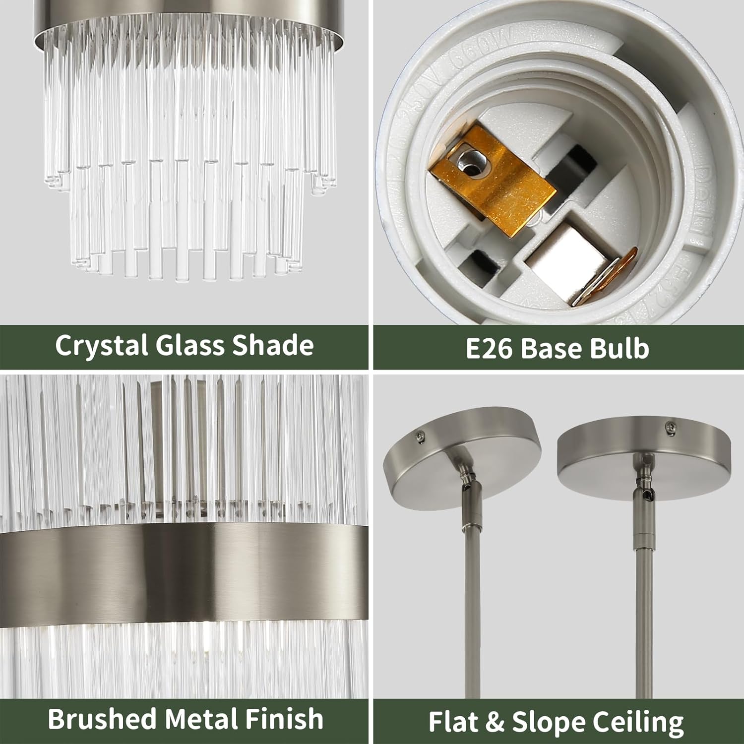 Modern Brushed Nickel Crystal Pendant Light Fixtures for Kitchen Island, Adjustable Height Luxury Mini Glass Pendant Lighting for Dining Room, Bedroom, Foyer and Hallway 3-Pack