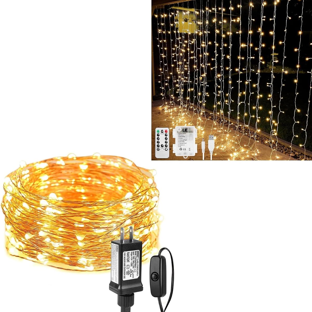 Paquete LE: 33 pies, 100 luces LED enchufables y luces de cortina alimentadas por batería o USB