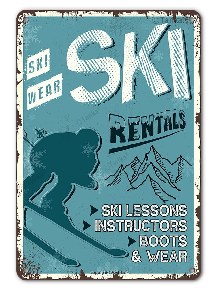 Ski Rentals Tin Sign, Ski Wear Ski Lessons Instructors Boots Vintage Metal Signs for Lodge Cabin Bar Pub Shop Wall Decor 8x12 Inch