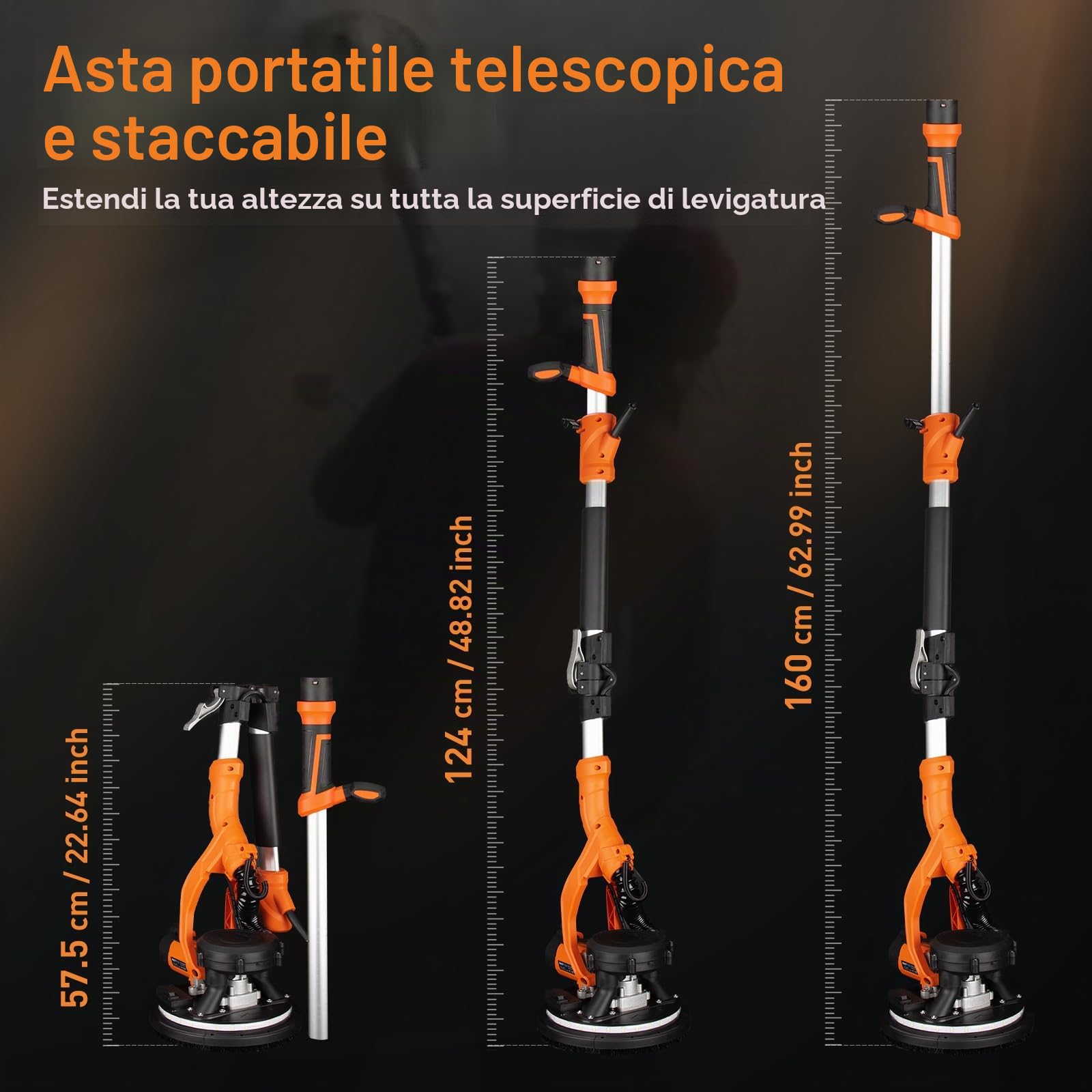 Protmex Giraffa Levigatrice - 1000W Levigatrice per Muro con Aspiratore e Luce LED, 6 Velocità 800-2200RPM, Dischi di Levigatura 15pcs, Pieghevole Estensibile per Muri