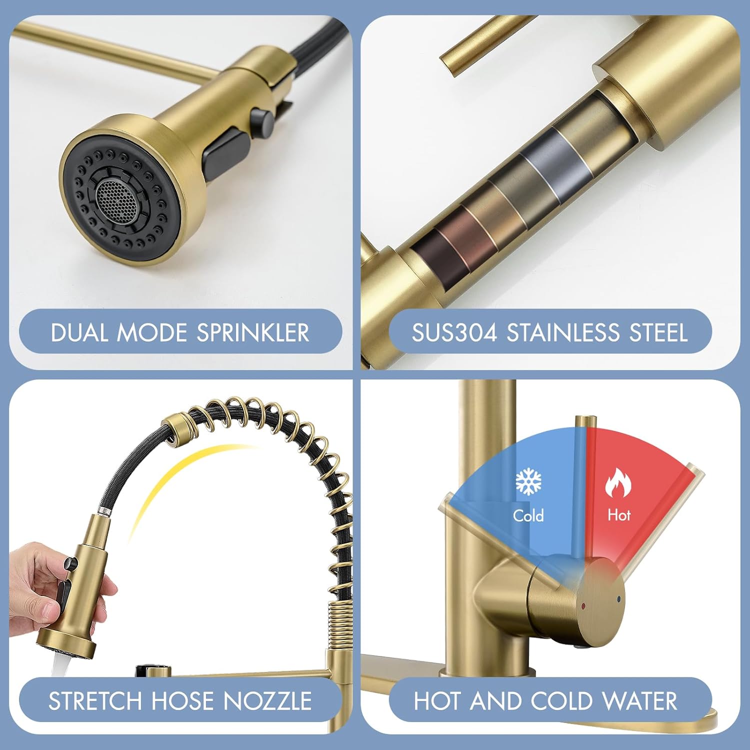 AIMADI Gold Kitchen Faucet with Pull Down Sprayer,Commercial Single Handle Brushed Gold Kitchen Sink Faucet with Deck Plate - Image 5