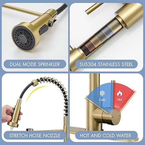 Miniatura 5 de AIMADI - Grifo de cocina dorado con rociador extraíble, grifo de cocina comercial de una sola manija con placa de cubierta, acabado en oro cepillado