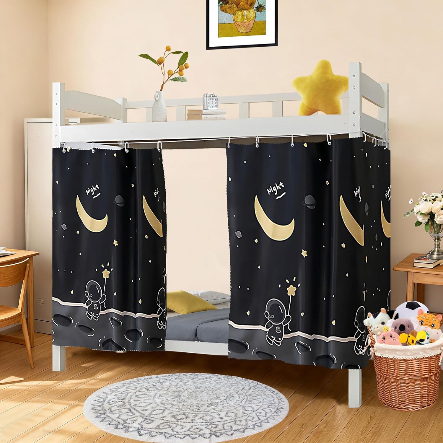 zhidiloveyou 2 Panels Blackout Bottom Bunk Bed Curtains Thickened Privacy Dorm Loft Canopy Bed Curtain (Astronaut)