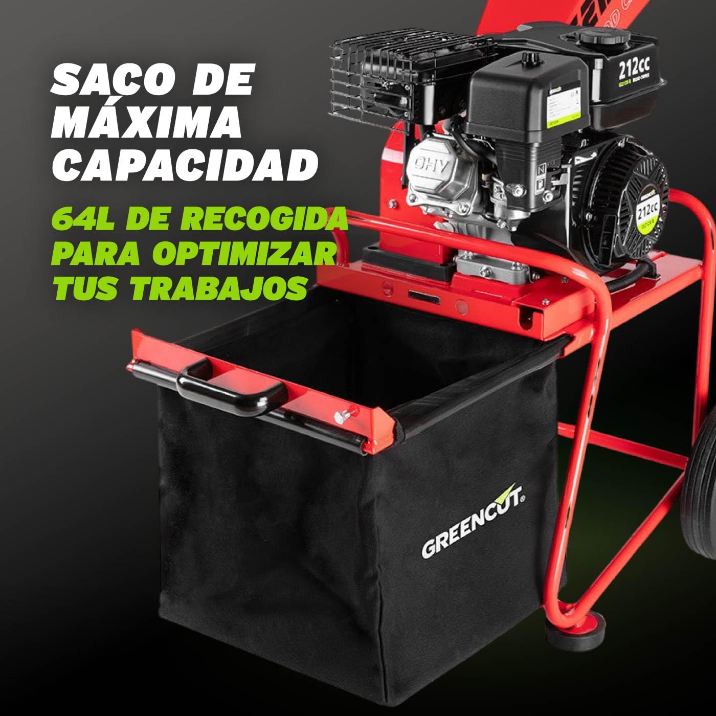 GREENCUT GE212X-B - Biotrituradora de Gasolina 212cc 7cv , Tritura Ramas Hasta 50mm, Incluye Saco de 64L, con Ruedas y Asa para Transporte Roja