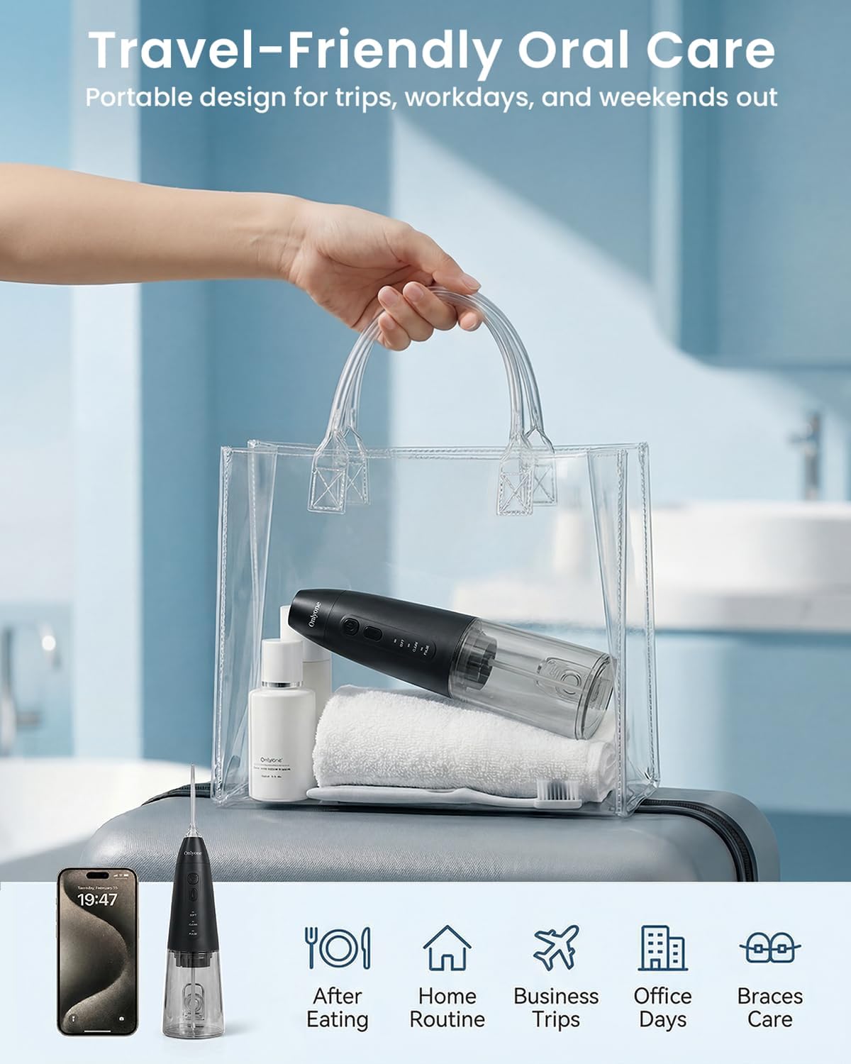 Onlyone Cordless Water Flosser for Deep Teeth Cleaning and Flossing, Rechargeable Dental Flosser with Adjustable Pressure for Sensitive Gums, Travel Oral Irrigator for Braces Care Black