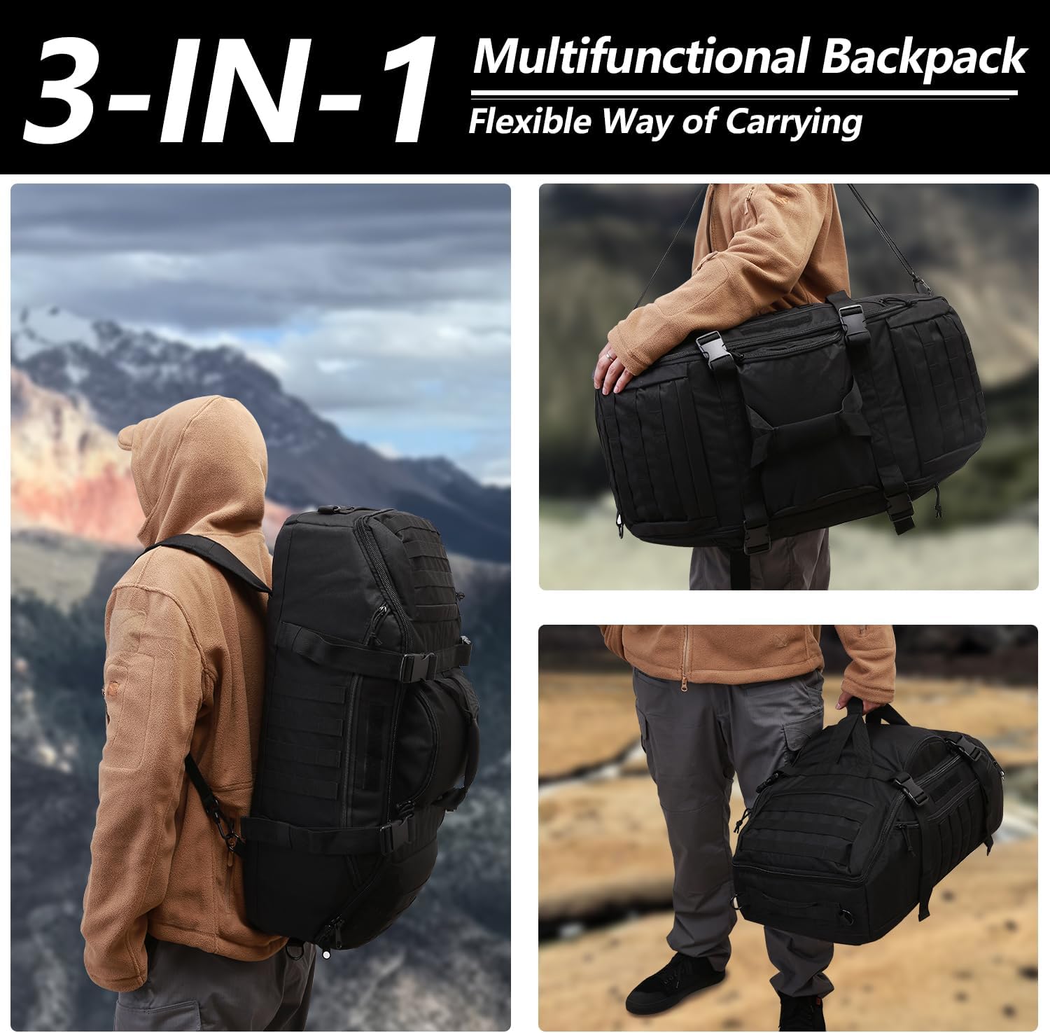 55L Large Duffle Bag, 3-in-1 Tactical Backpack MOLLE Pack for Sports, Gym, Outdoor, Black - Image 6