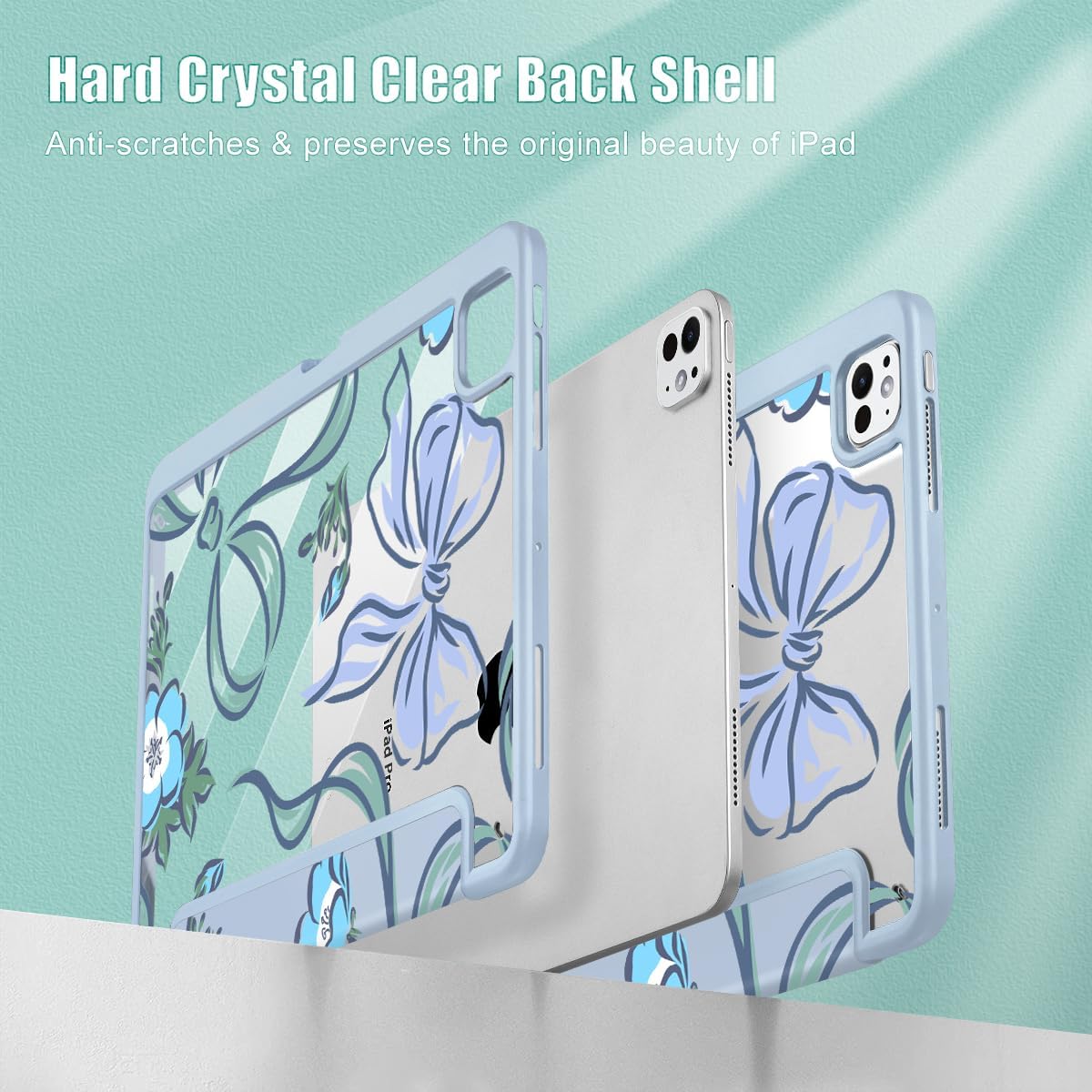 Mektron Case for M5/ M4 iPad Pro 11 inch 2025/2024 with Pencil Holder, Compatible Models: A3357/A3358/A3359/A2836/A2837/A3006, Shockproof Cover Clear Shell, Flowers-Bows-Blue